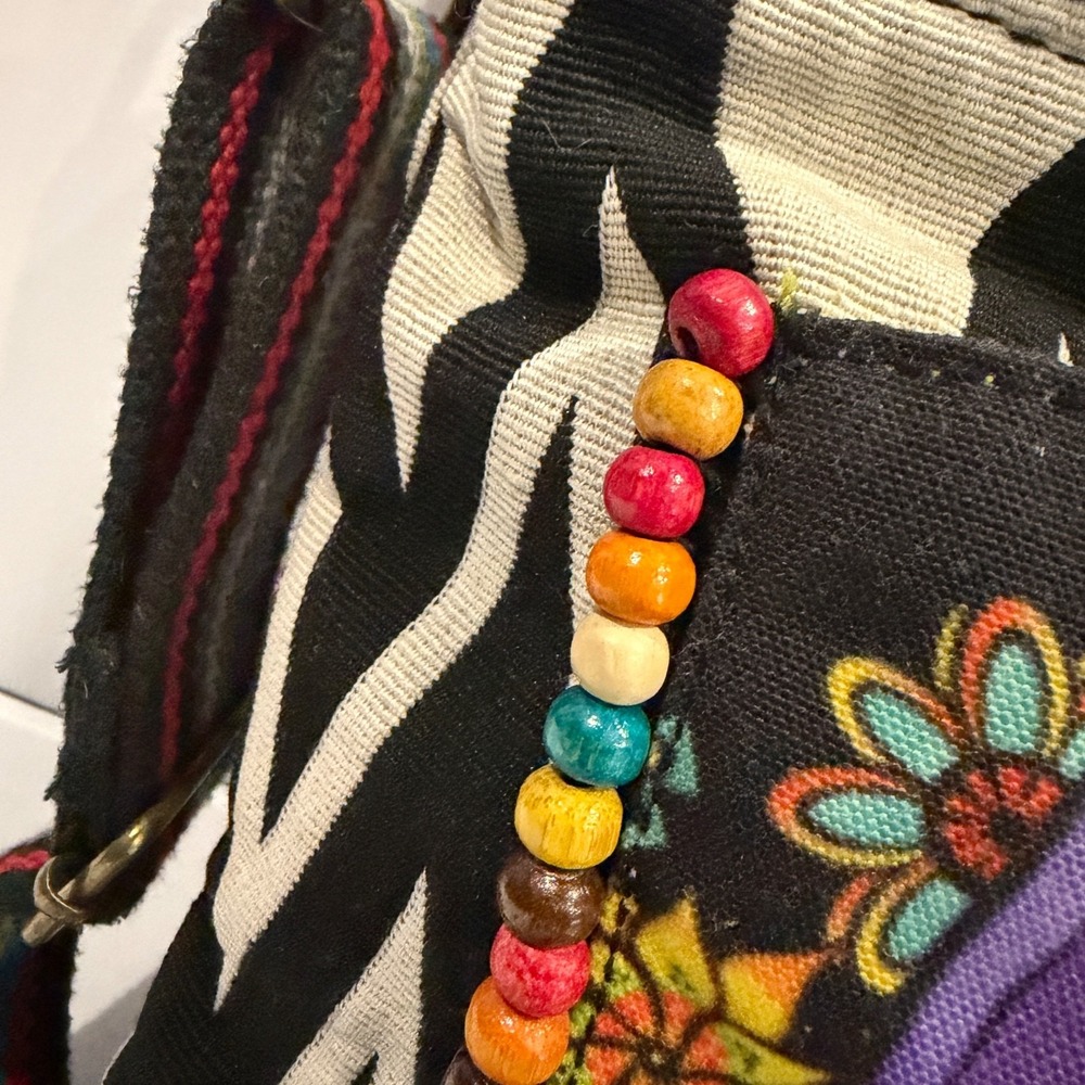 Laurel Burch Cat Art Crossbody Purse Woven Adjustable Strap Zebra Beads Abstract